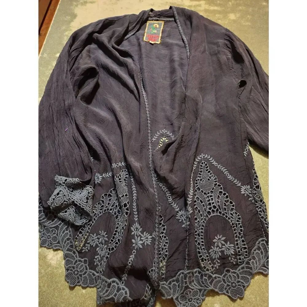 Johnny Was blue cupra rayon eyelet bottom cardigan sz Small